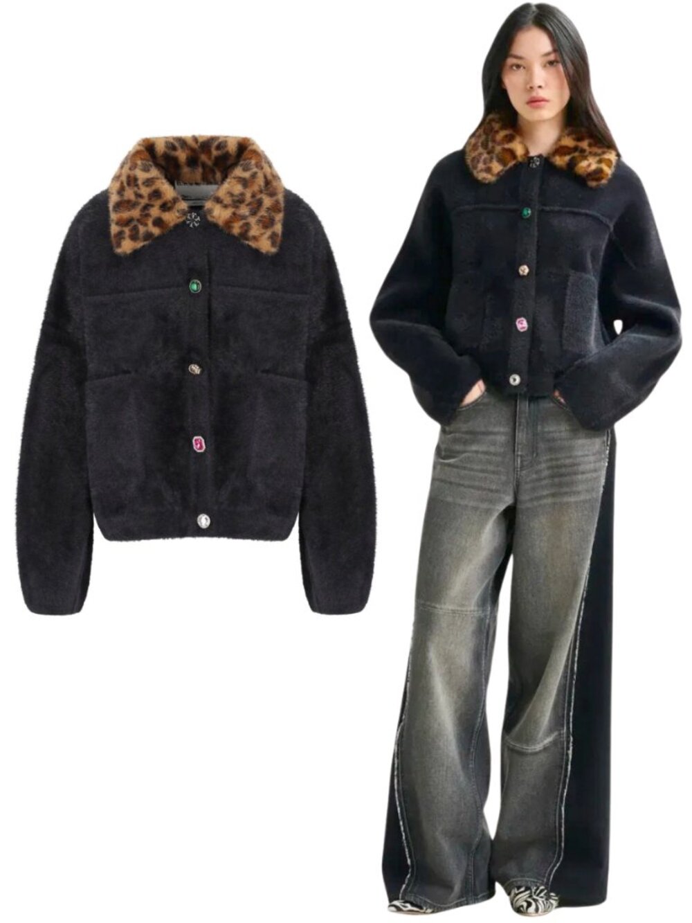 NVLT Eyelash Knit Bomber Coatigan Black Leopard Faux Fur Collar Jacket
